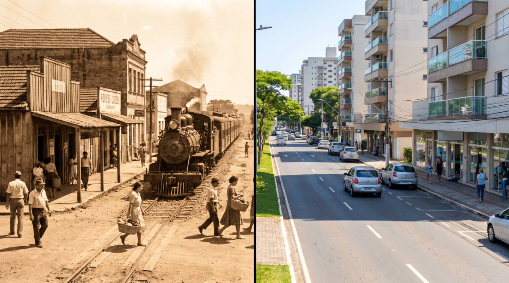 Comparativo entre os trilhos antigos e a Avenida Centenário hoje